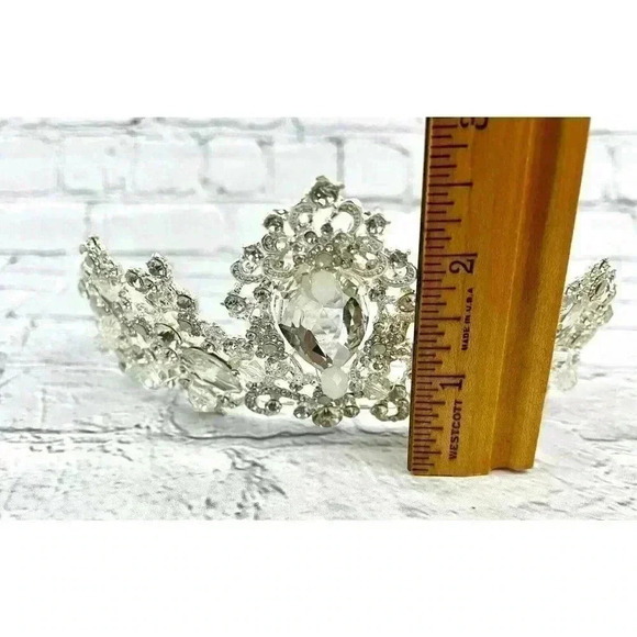 Clear Rhinestone Silver Tone Metal Tiara Crown Pearl Beaded Floral - Picture 11 of 16